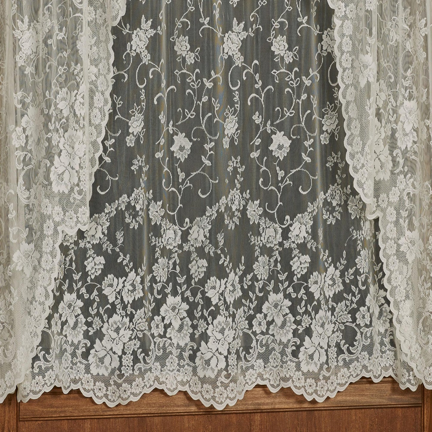 Luxury Sheer Polyester Enchanting Roses Lace Window Treatment | 3 Piece Set: Scallop Valance, 63L Swag Pair, and 63L Panel | Classic Flower | Ivory | Rod Pocket | Machine washable | Light Filtering