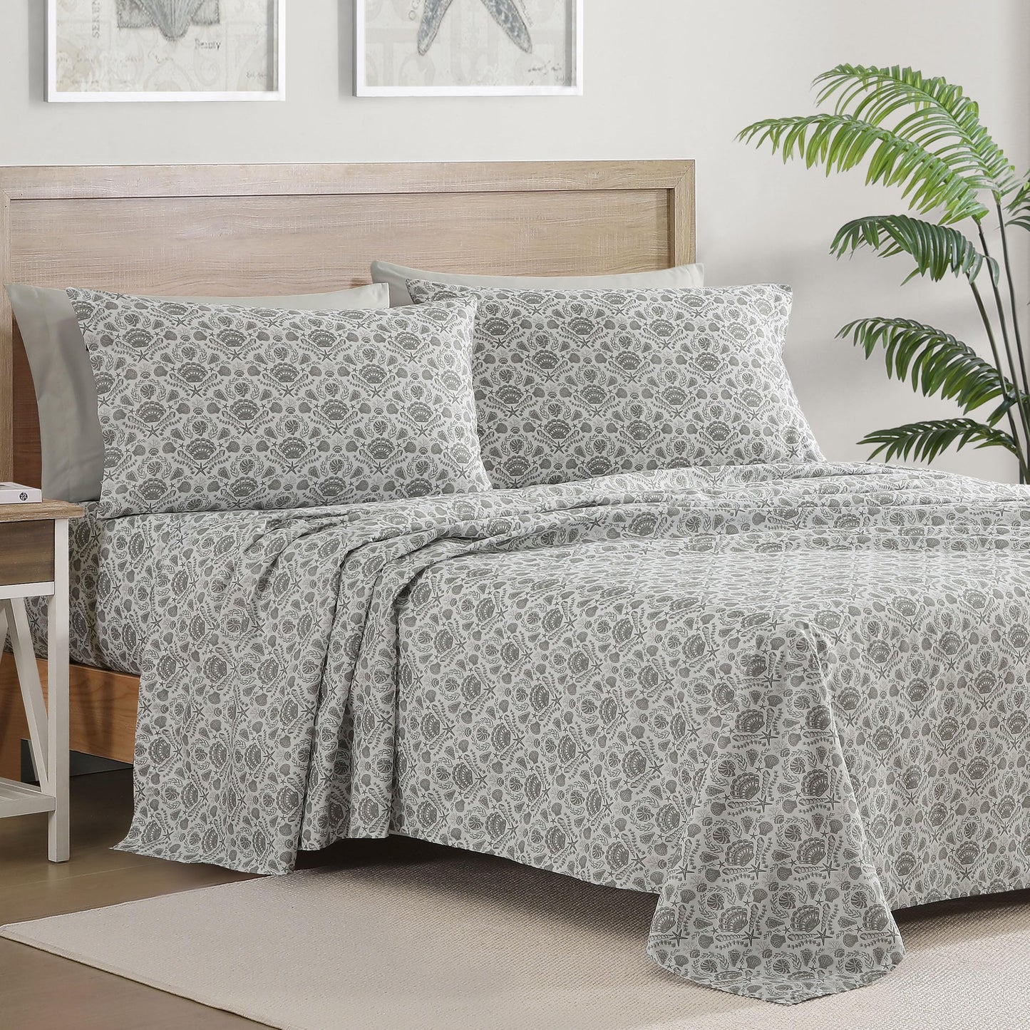 Caribbean Joe 6-Piece Sheet Set with Cooling Pillowcases, 12-inch Deep Pockets, Tropical Beach Coastal Design, Queen, Damask Shells
