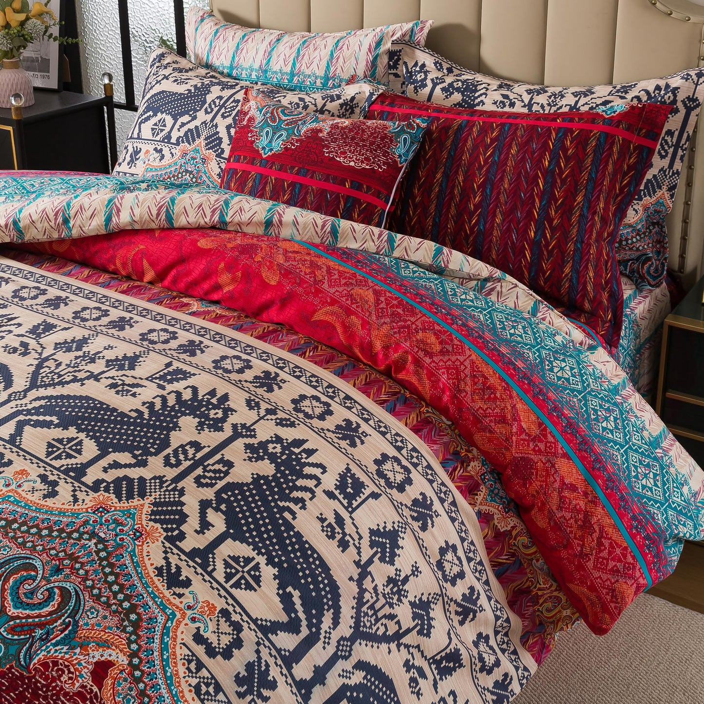 FADFAY Exotic Boho Duvet Cover Set King/California King 100% Brushed Cotton Soft Bohemian Bedding Paisley Ethnic Colorful Bedding Reversible Tribal Zipper Bed Comforter Cover + 2 Pillowshams, 3Pcs