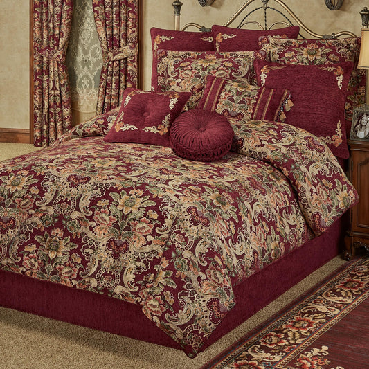 Tosca Chateau Traditional Luxury Bedding | Warm, Soft Burgundy Red Chenille | Colorful Woven Classic Jacobean Florals | 4 Piece Bed Set Includes Oversized King Comforter, Bedskirt, and 2 King Shams