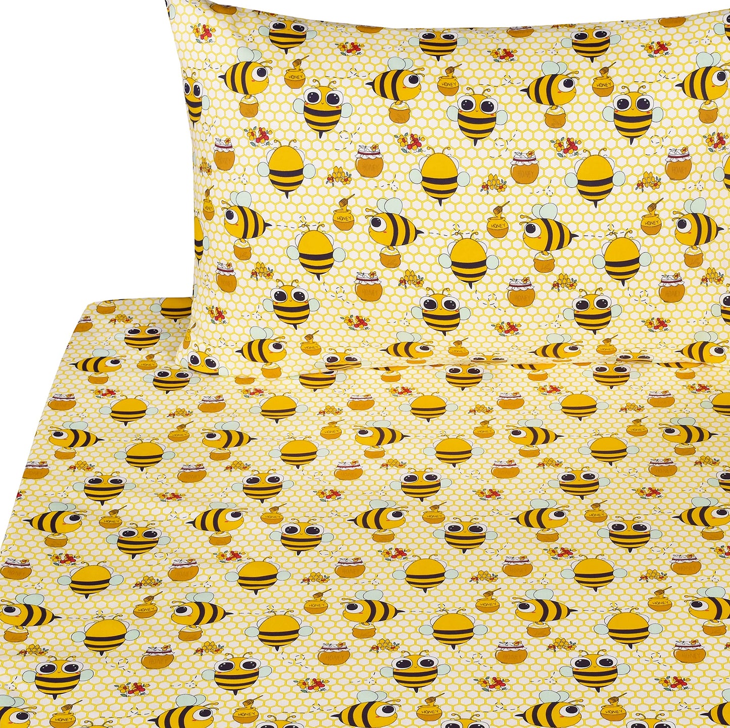 Scientific Sleep Yellow Bee Honey 100% Cotton Cozy Twin Bed Sheet Set, Flat Sheet & Fitted Sheet & Pillowcase Kids Boys Girls Bedding Set (Yellow, Twin)