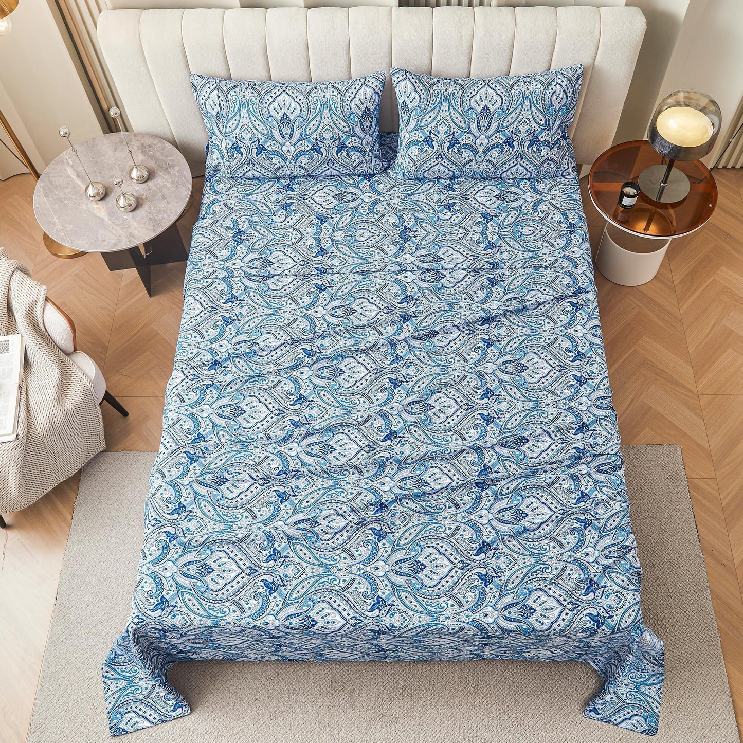 Softan Blue Paisley Printed Bed Sheets Full Size, Floral Sheet Set Full, Brushed Microfiber Patterned Fitted Sheet with 15" Deep Pocket & Non-Slip Straps, Blue Flower Sheets & Pillowcase Set