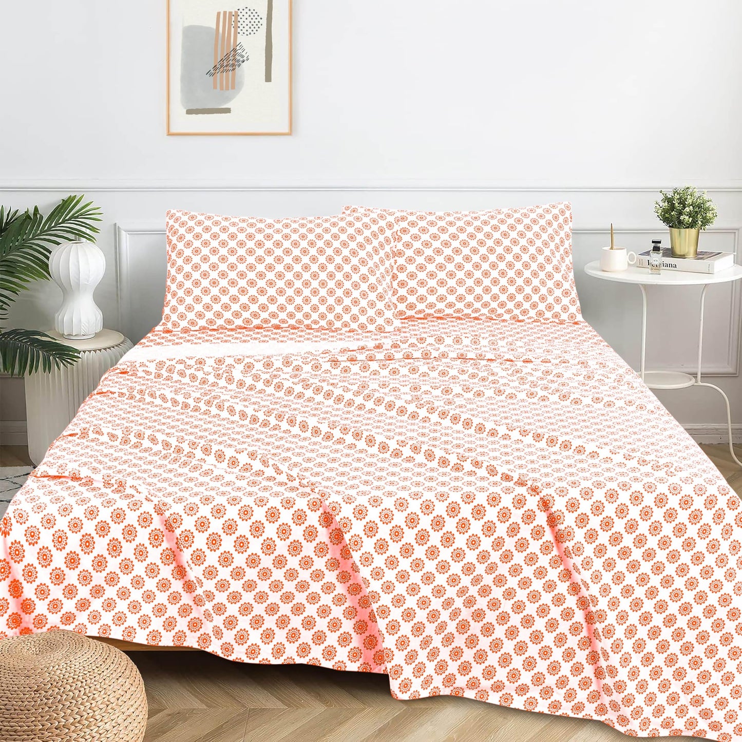 Sleepdown 100% Cotton King Size Bed Sheets - Soft 4 Pcs Percale Sheet Set, Comfy Durable & Breathable, 16" Deep Pocket (Mandalas Coral)
