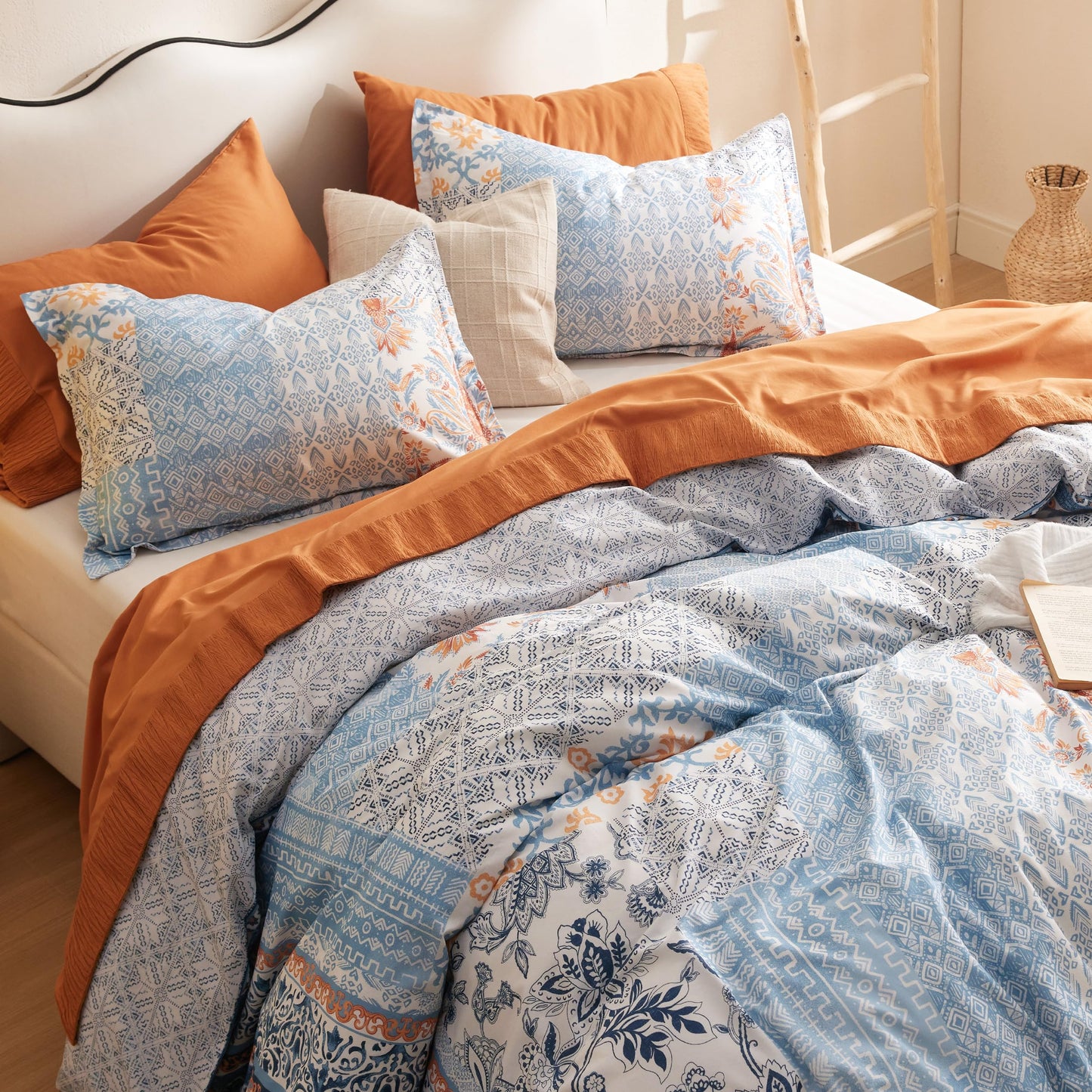 Bedsure Duvet Cover Queen Size - 100% Cotton Reversible Floral Queen Duvet Cover Set with Zipper Closure, 3 Pieces Soft & Breathable PureWoven Bohemian Blue Bedding Set with 2 Pillow Shams 20"x26"