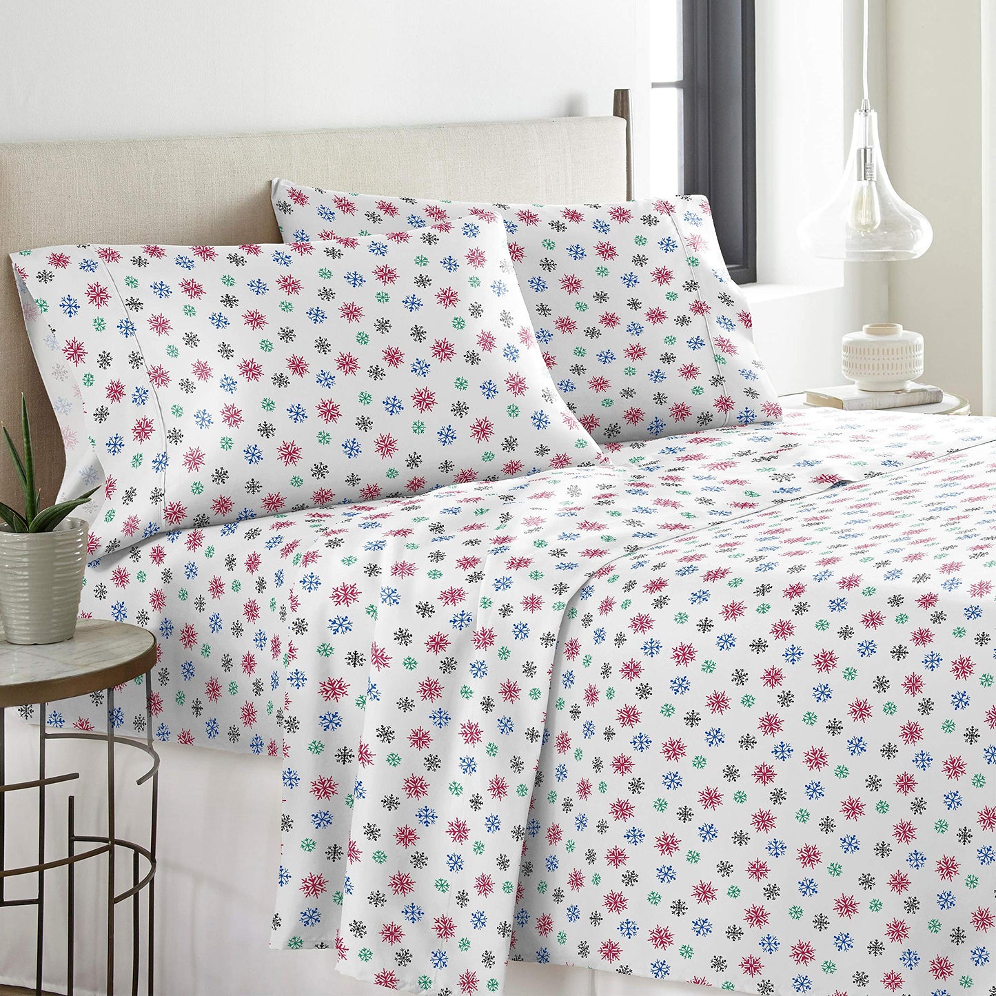 Pointehaven Flannel 170 GSM Sheet Set,Twin Snow Flakes Multi