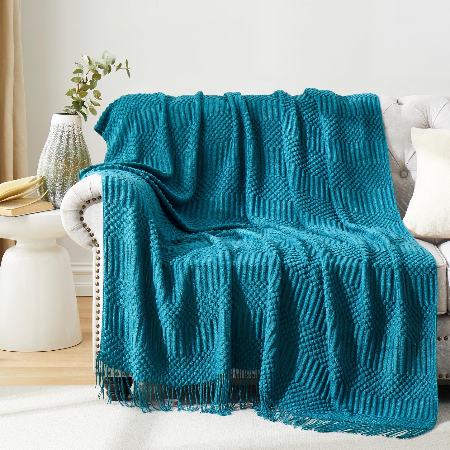 HommxJF Teal Knitted Decorative Throw Blankets for Couch, Bedroom and Officeroom,Textured Fade Resistant Soft and Warm Knit Blanket with Tassel,50"x60"