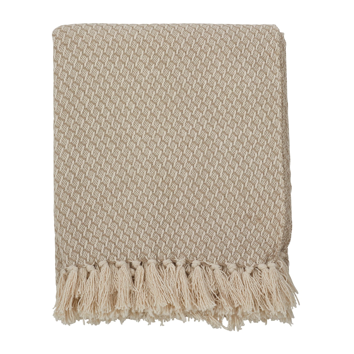 SARO LIFESTYLE Classic Tassel Trim Cotton Throw Blanket, Natural, 50"x60"