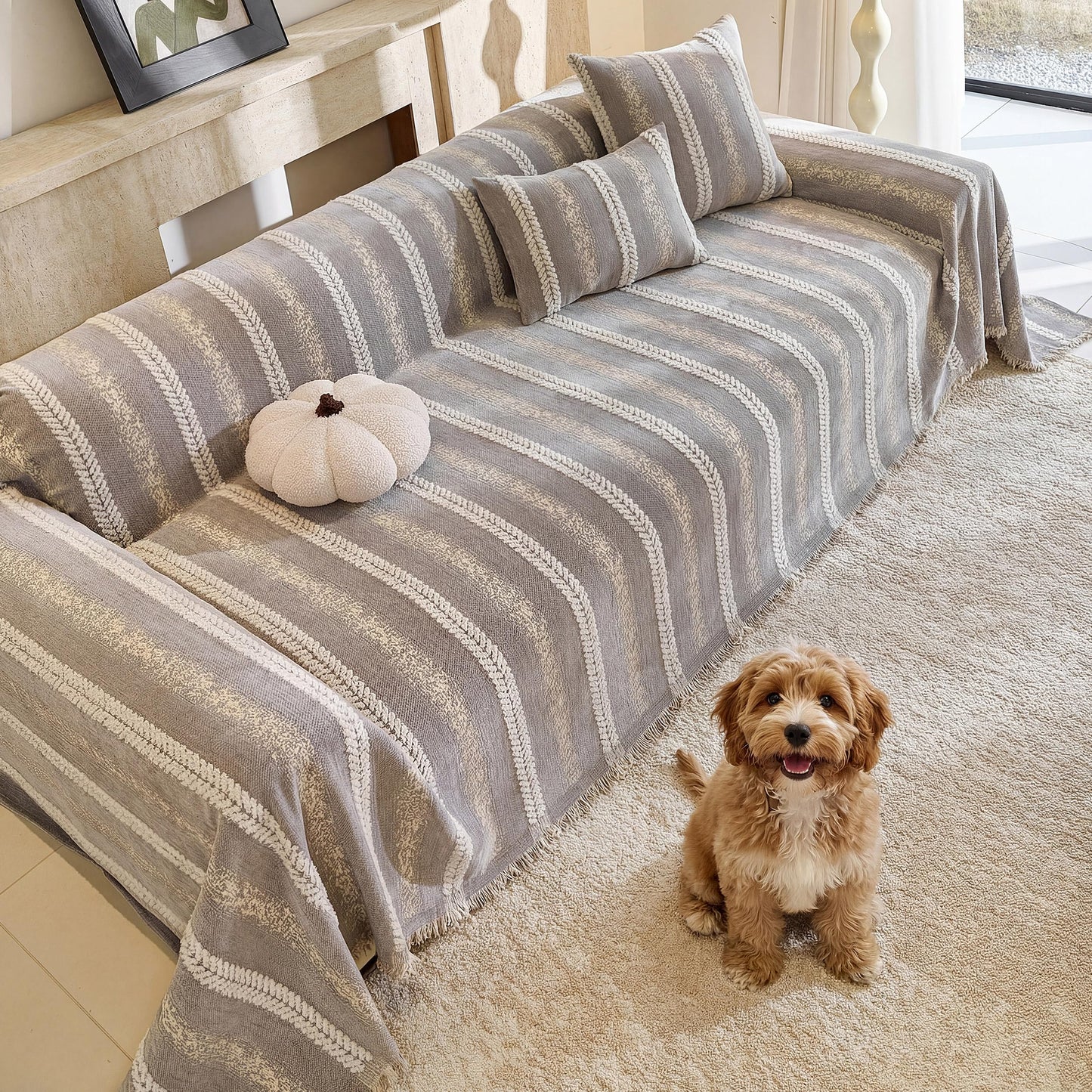 Fuyulacom Couch Cover for Dogs Washable Sofa Cover, Sectional Couch Covers, Sofa Covers for 2 Cushion Couch, Non Slip Stripe Sofa Slipcovers Furniture Protector (Light Grey, 71 * 118)