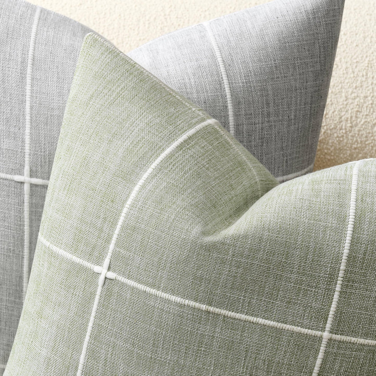 YZJZEDS 2 Packs Grid Embroidery Throw Pillow Covers, 18x18 Inch Light Sage Green, Farmhouse Linen Decorative Light Green Cushion Covers for Sofa Bed Living Room Home Decor