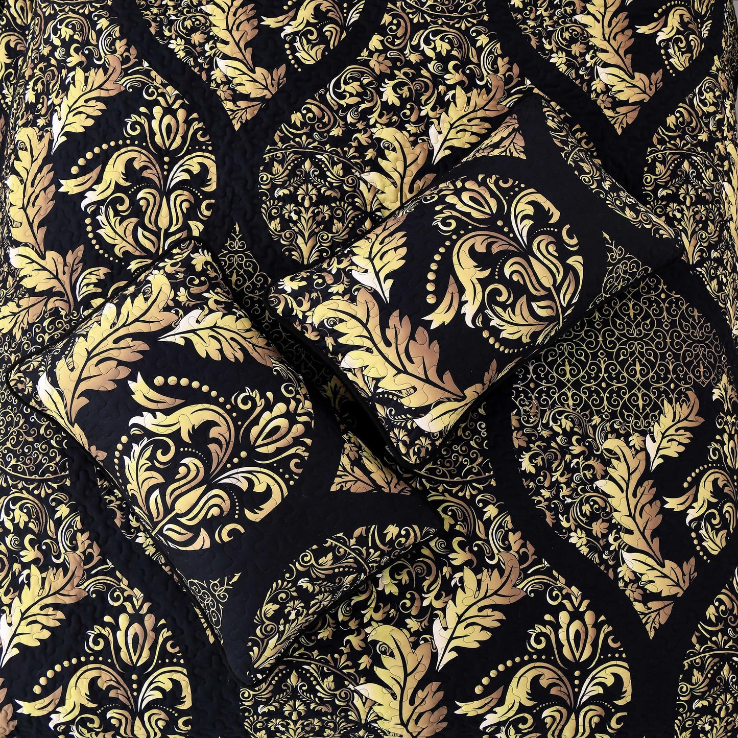 DJY Black Quilt Set Queen Size, Boho Gold Damask Bedspread Coverlet Set Soft Lightweight Microfiber Luxury Bedding Set 3 Pieces for All Season (96"x90")