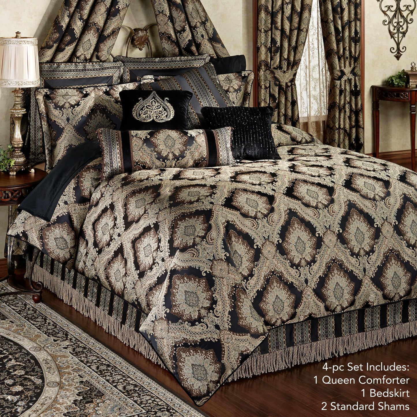 Fenmore Damask Medallion Oversized Luxury Bedding | Rich Black Taupe Silver Gray Wheat Almond | 4 Piece Comforter Set: Queen Comforter, 2 Standard Shams, and Bedskirt | Sophisticated Elegant Royal