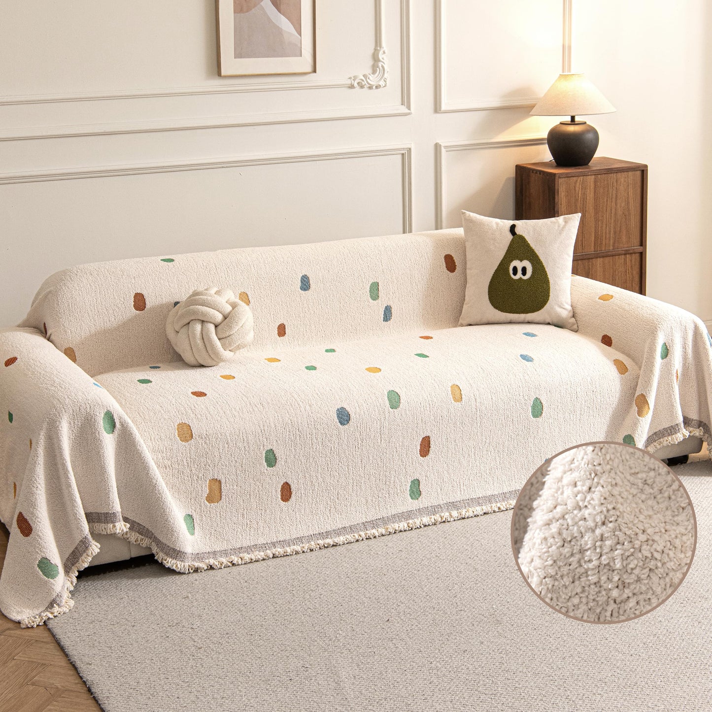 KaviKon Couch Covers for Dogs, Sofa Covers for 3 Cushion Couch, Plush Couch Blanket Cover Sectional Washable, Sofa Slipcover Protector, Slip Covers for Sofas High-Gram Weight, Dots Beige, 71" ×118"