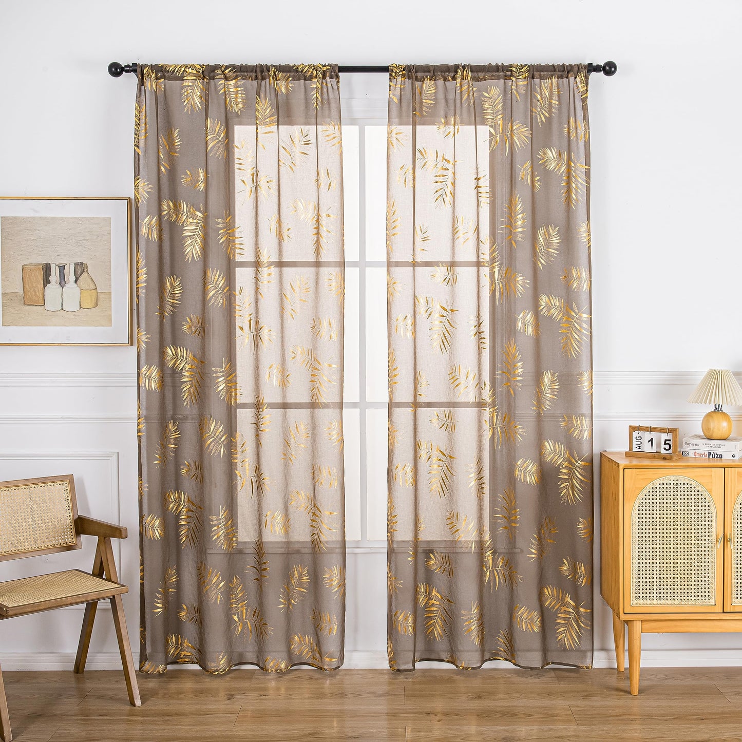 Sutuo Home Taupe Sheer Curtains 84 Inches Long 2 Panels Set, Gold Foil Print Metallic Bronzing Tropical Leaves, Privacy Voile Window Treatment Decor Drape Pair for Bedroom Living Room 52" W x 84" L