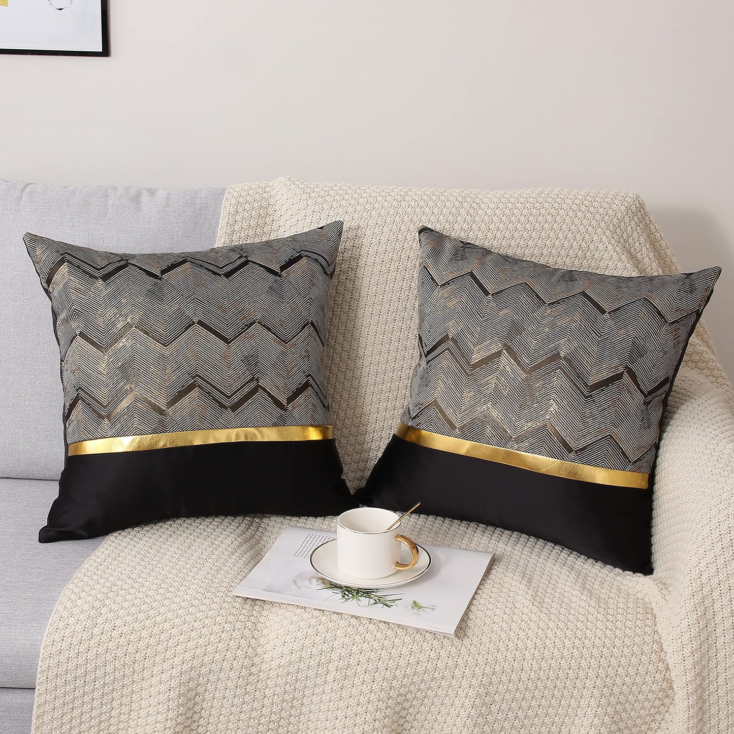 Gujiahone Throw Pillow Covers Set of 2 Black Gold Leather Striped Patchwork Jacquard Cushion Case Luxury Modern Square Decorative Cushion Covers for Sofa Couch Bed Home Decoration 20 x 20 Inch
