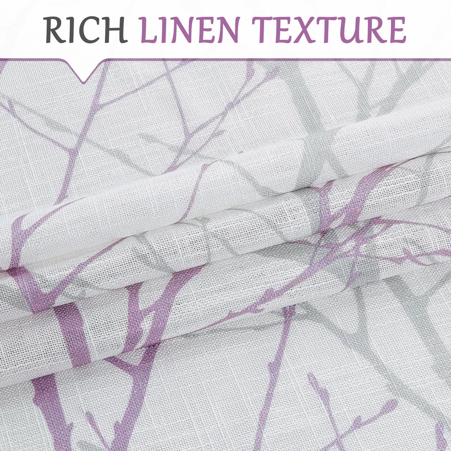 FMFUNCTEX Linen Semi Sheer Curtains for Bedroom, Lilac White Curtains 84 Inches Long for Living Room, Grey Tree Branch Patterned Curtain Light Filtering Farmhouse Window Drapes, Grommet Top 2 Panels