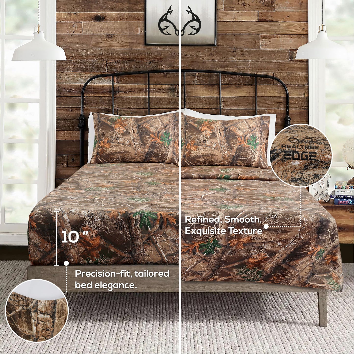 VISI-ONE Realtree Edge Twin Camo 3 Piece Sheet Set – Lightweight, Cooling, Wrinkle-Free Microfiber 10" Deep Pockets Sheets, Unisex Rustic Western Farmhouse Style for Home, RVs, and Camping Retreats