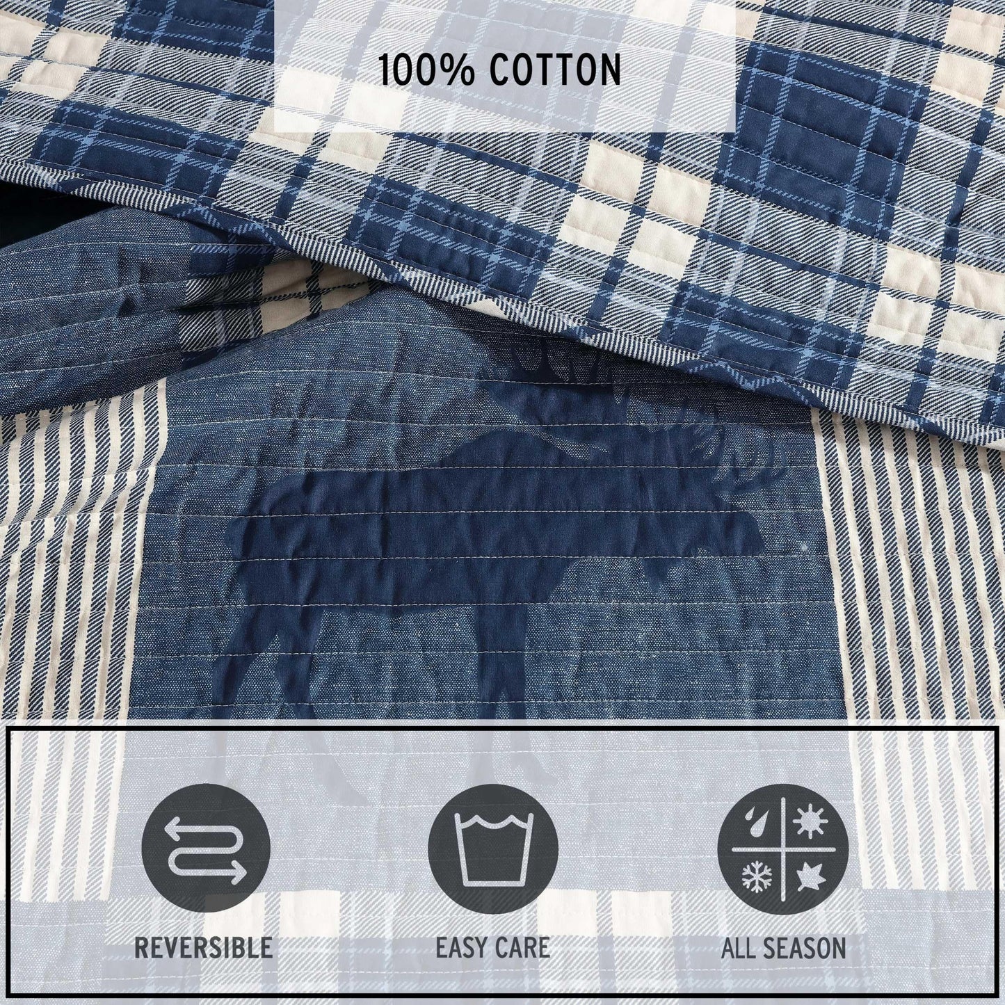 Eddie Bauer - King Quilt Set, Naturally Soft Cotton Bedding w/a Lightweight Feel for All-Year Comfort, Reversible w/Matching Pillowcases, 3 Piece Bed Set (Moose Plaid/Pinstripe/Patchwork Blue)