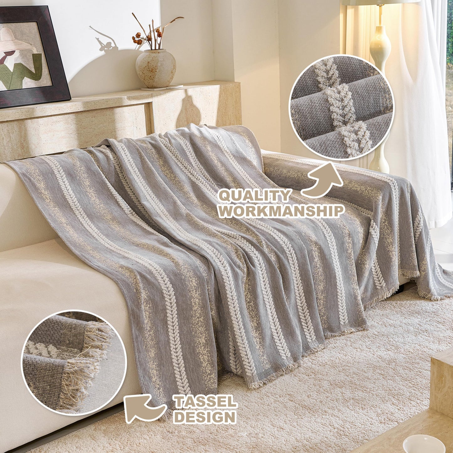 Fuyulacom Couch Cover for Dogs Washable Sofa Cover, Sectional Couch Covers, Sofa Covers for 2 Cushion Couch, Non Slip Stripe Sofa Slipcovers Furniture Protector (Light Grey, 71 * 118)