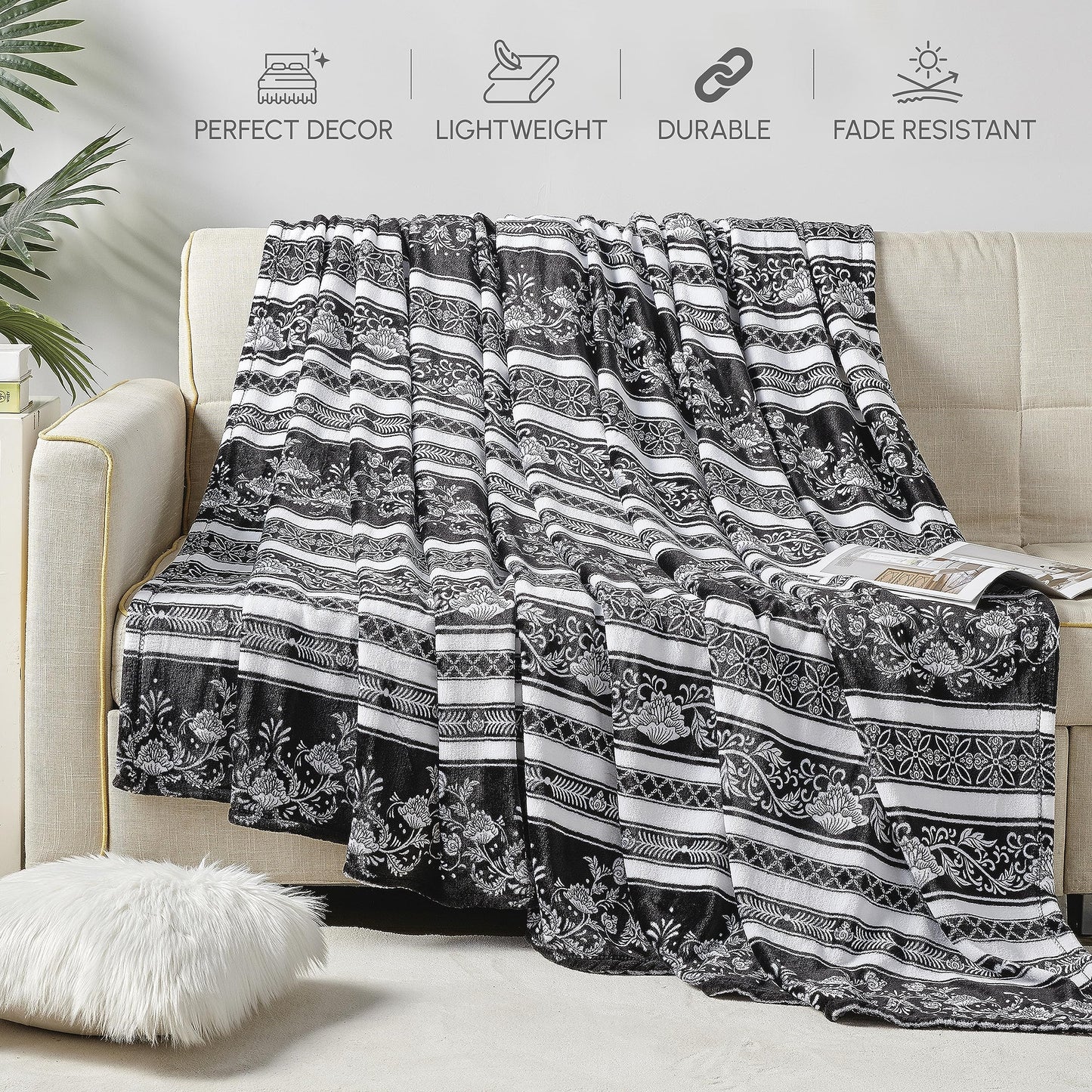 Elegant Comfort Ultra Soft Print Flannel Fleece Bed Blanket, Cozy-Fuzzy Lightweight Bedspread Coverlet, All Season Decorative Blanket for Couch, Sofa, Striped Design, King Size, Odelia