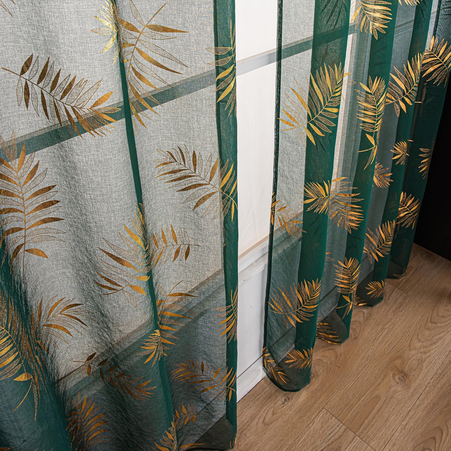 Sutuo Home Dark Green Sheer Curtains 84 Inches Long 2 Panels Set, Gold Foil Print Metallic Bronzing Tropical Leaves, Window Treatment Decor Drape Pair for Bedroom Living Room 52" W x 84" L