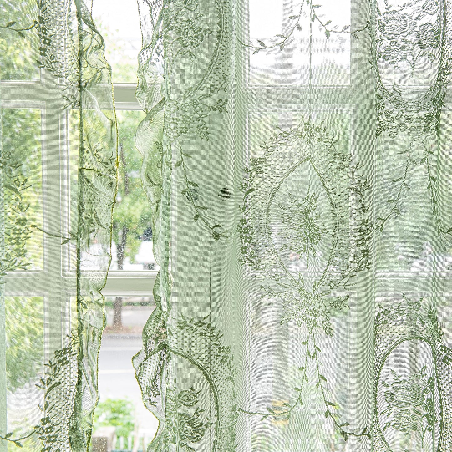 Lavyhuno Lace Curtains 84 Inches Long for Bedroom Living Room 2 Panels, Farmhouse Florals Embroidery Sheer Privacy Drapes for Christmas Decor Window Treatments Rod Pocket, W57 X L84 Olive Green