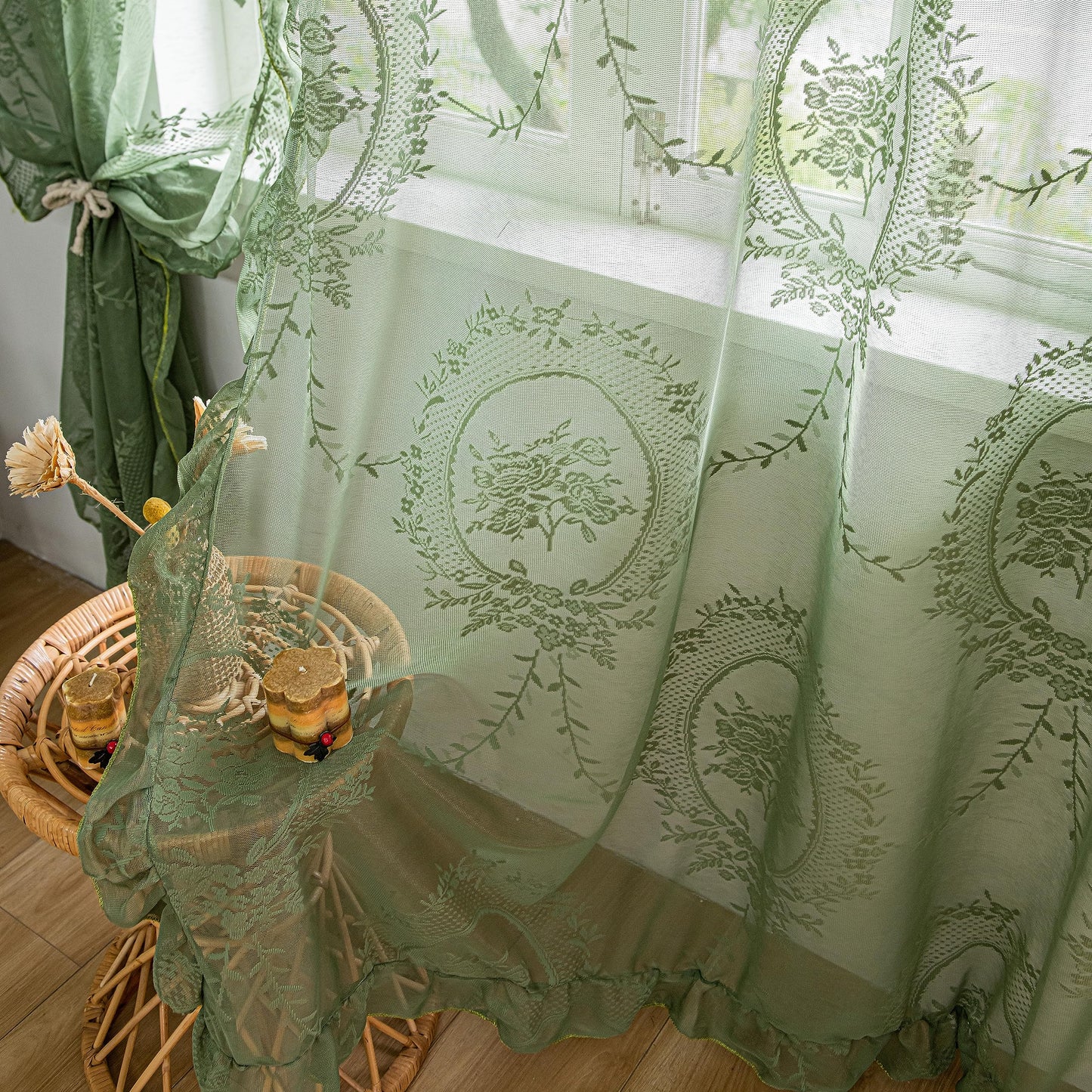 Lavyhuno Lace Curtains 84 Inches Long for Bedroom Living Room 2 Panels, Farmhouse Florals Embroidery Sheer Privacy Drapes for Christmas Decor Window Treatments Rod Pocket, W57 X L84 Olive Green
