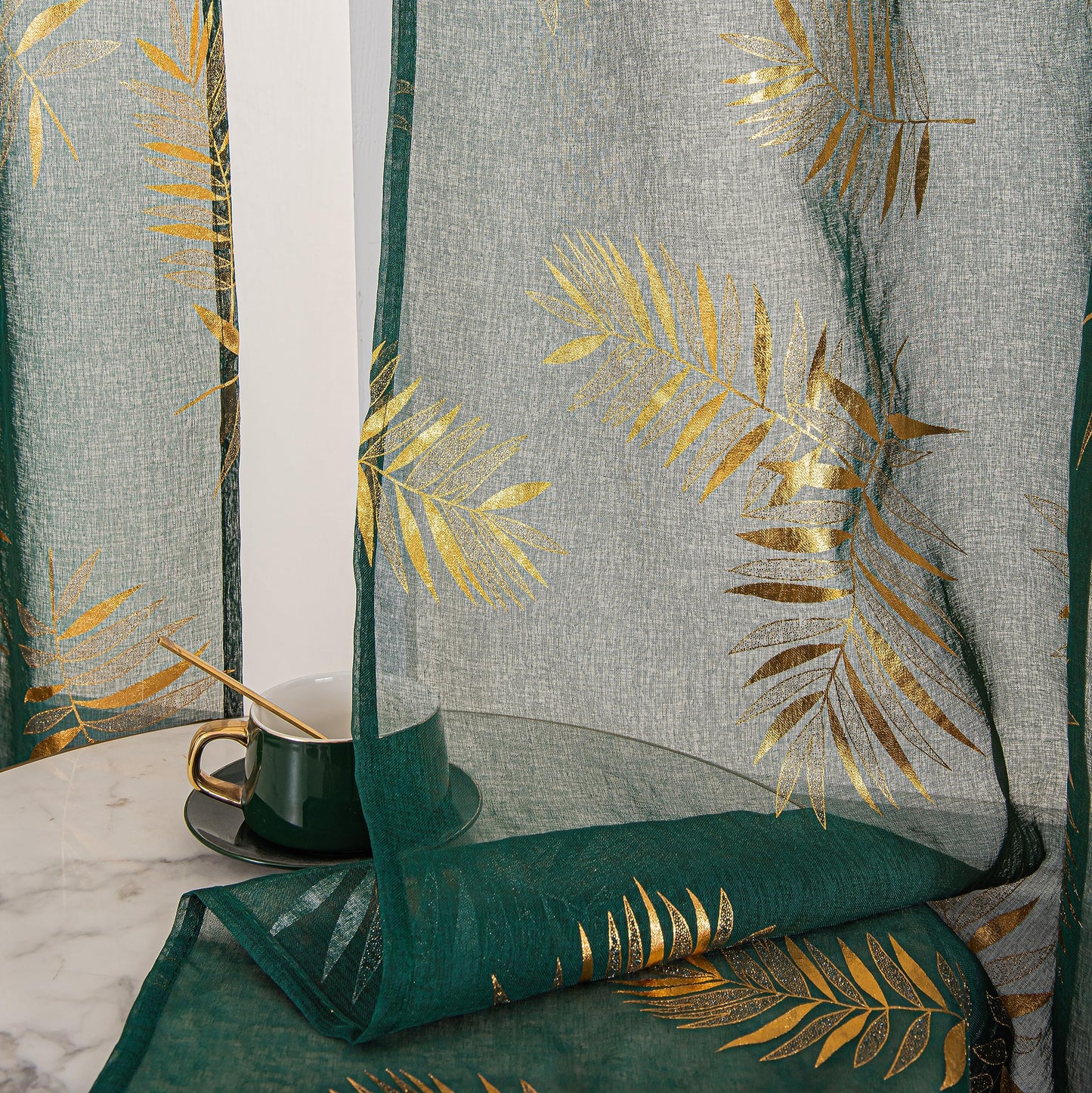 Sutuo Home Dark Green Sheer Curtains 84 Inches Long 2 Panels Set, Gold Foil Print Metallic Bronzing Tropical Leaves, Window Treatment Decor Drape Pair for Bedroom Living Room 52" W x 84" L