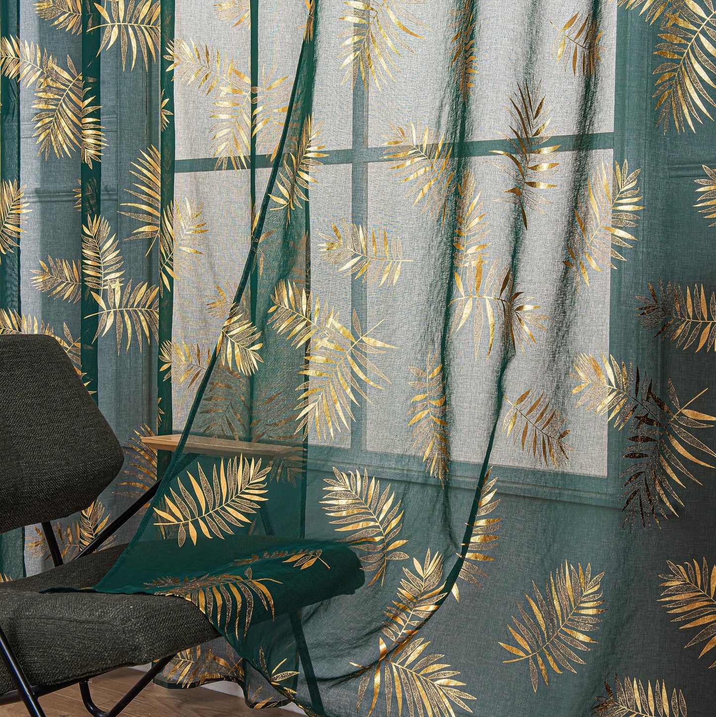 Sutuo Home Dark Green Sheer Curtains 84 Inches Long 2 Panels Set, Gold Foil Print Metallic Bronzing Tropical Leaves, Window Treatment Decor Drape Pair for Bedroom Living Room 52" W x 84" L
