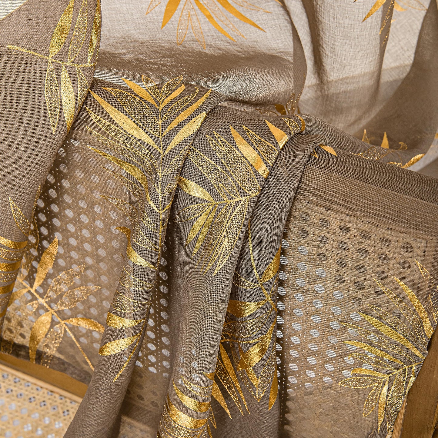 Sutuo Home Taupe Sheer Curtains 84 Inches Long 2 Panels Set, Gold Foil Print Metallic Bronzing Tropical Leaves, Privacy Voile Window Treatment Decor Drape Pair for Bedroom Living Room 52" W x 84" L