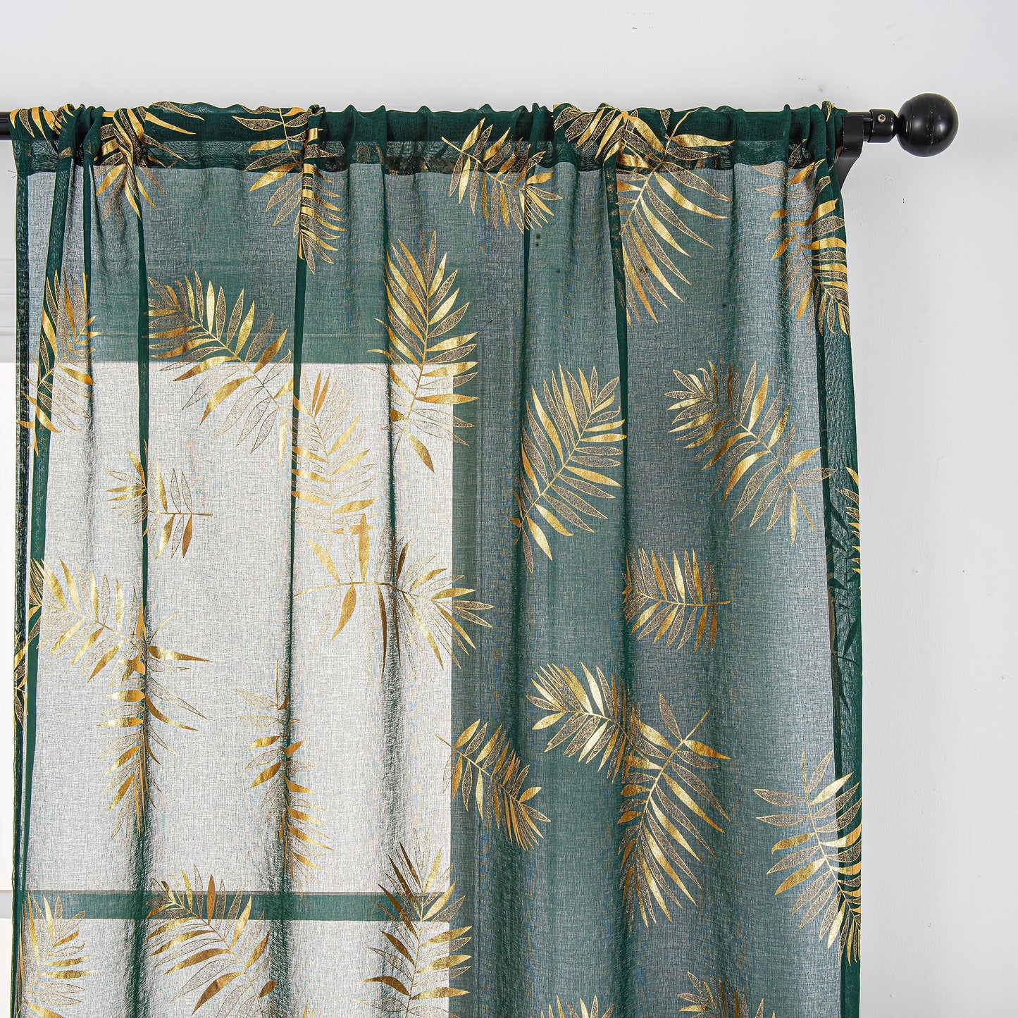 Sutuo Home Dark Green Sheer Curtains 84 Inches Long 2 Panels Set, Gold Foil Print Metallic Bronzing Tropical Leaves, Window Treatment Decor Drape Pair for Bedroom Living Room 52" W x 84" L